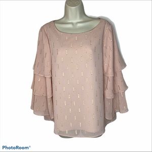 Powder Pink Chico’s Women’s Blush Dressy Metallic Blouse Tiered Flounced Sleeves